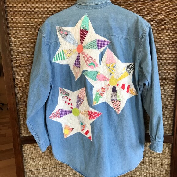 Upcycled Jean Shirt Jacket, Size L: Vintage Quilt Patchwork, Boho Wearable Art - Picture 6 of 9